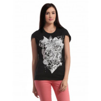 ADIDAS Women Printed Black T-shirt