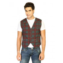 Basics Men Red Checked Waistcoat