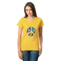 Myntra Women Peace Love Chocolate Yellow T-shirt