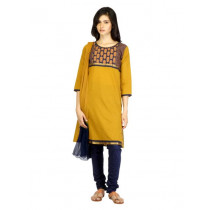 Vishudh Women Mustard Yellow & Navy Churidar Kurta with Dupatta