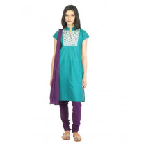 Vishudh Women Green & Purple Printed Churidar Kurta with Dupatta