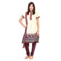 Biba Women Off-White & Brown Printed Churidar Kurta with Dupatta