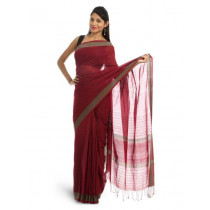 Fabindia Red Self-Striped Saree