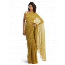 Fabindia Mustard Yellow & Green Striped Mangalgiri Saree