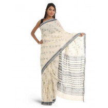 Fabindia Cream-Coloured & Blue Hand Printed Saree