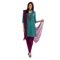 Ayaany Women Teal & Purple Embroidered Churidar Kurta with Dupatta