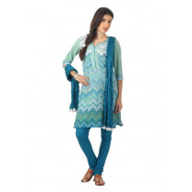 Biba Outlet Women Blue & Green Printed Churidar Kurta with Dupatta
