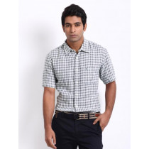Indian Terrain Men Grey & White Checked Linen Modern Fit Smart-Casual Shirt