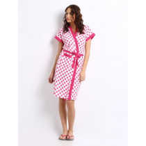 Red Rose Women White & Pink Polka Dot Print Bath Robe