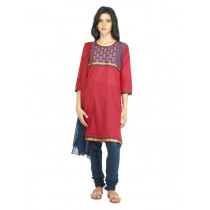 Vishudh Women Red & Navy Churidar Kurta with Dupatta