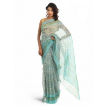 Fabindia Turquoise Blue Hand Printed Sari