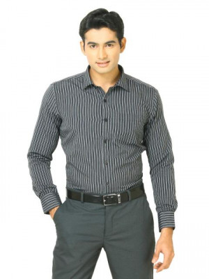John Miller Men Black grey Stripes Black Shirts