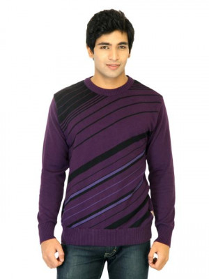 Flying Machine Men Stripes Purple Sweaters