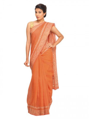 Fabindia Women Orange Cotton Silk Saree
