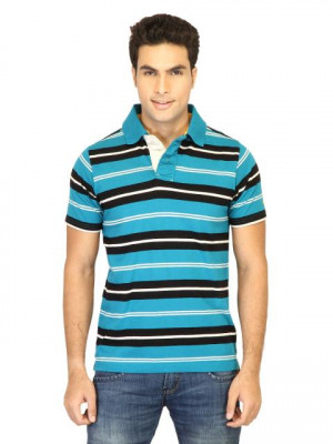 Basics Men Blue Striped T-shirt