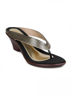 Catwalk Women Heeded Golden Strap Black Heels