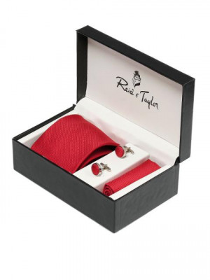 Reid & Taylor Men Formal Red Tie+Cufflink+Pocket square - Combo Pack