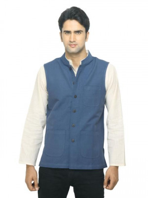 Fabindia Men Navy Blue Bhagalpur Nehru Jacket