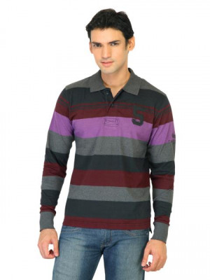 Flying Machine Men Stripes Grey Polo Tshirts