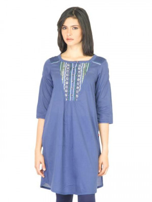 W Women Gathered Design Navy Blue Kurti
