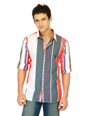 Probase Men Stripes Grey Shirts