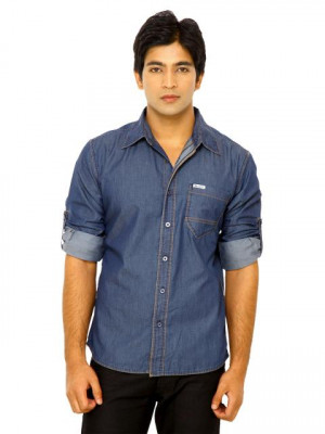 Wrangler Men Rain Light Denim Blue Shirts
