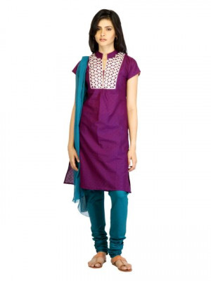 Vishudh Women Purple & Green Embriodery Churidar Kurta with Dupatta
