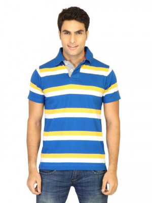 Basics Men Blue Striped T-shirt