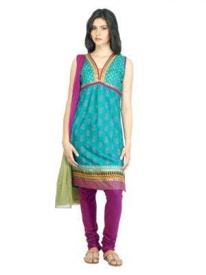 Vishudh Women Green & Purple Churidar Kurta with Dupatta