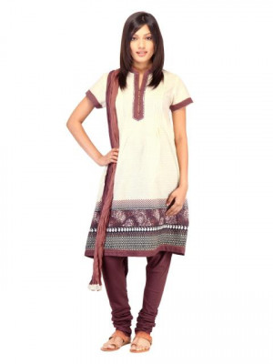 Biba Women Off-White & Brown Printed Churidar Kurta with Dupatta