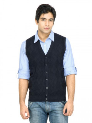 United Colors of Benetton Men Solid Navy Blue Sweater