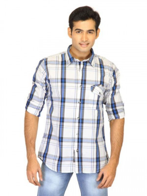 Basics Men White Slim Fit Checked Shirt