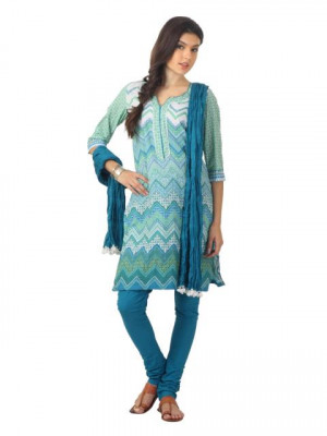 Biba Outlet Women Blue & Green Printed Churidar Kurta with Dupatta