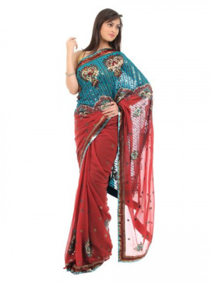 FNF Red & Blue Wedding Collection Sari