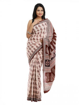 Fabindia Beige & Maroon Mull Printed Saree