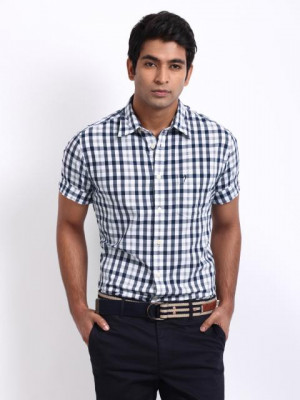 Indian Terrain Men Navy & White Checked Slim Fit Smart-Casual Shirt