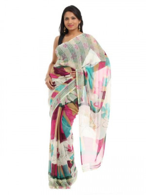 Prafful Off White Printed Sari