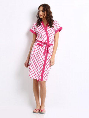 Red Rose Women White & Pink Polka Dot Print Bath Robe
