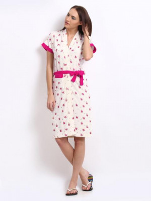 Red Rose Women Cream Floral Print Bath Robe