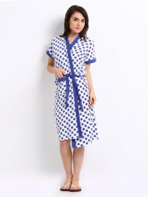 Red Rose Women White & Blue Polka Dot Print Bath Robe