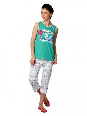 SDL by Sweet Dreams Women Green & White Printed Night Suit S11-3134