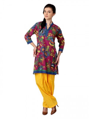 Shree Women Magenta and Yellow Printed Patiala Kurta Set
