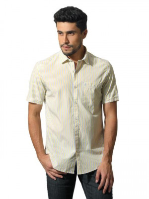 John Players Men White & Yellow Striped Shirt