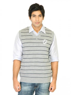 Indigo Nation Men Stripes Grey Sweaters