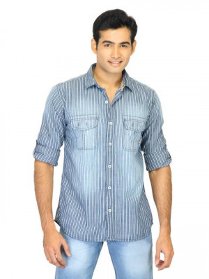 Basics Men Blue Slim Fit Striped Shirt