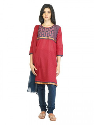 Vishudh Women Red & Navy Churidar Kurta with Dupatta