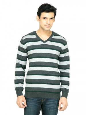 Wills Lifestyle Men Striped Green Sweater