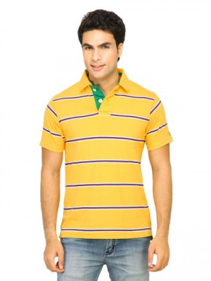 Basics Men Yellow Striped Polo T-shirt