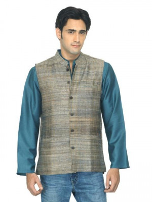 Fabindia Men Brown Silk Sleeveless Jacket