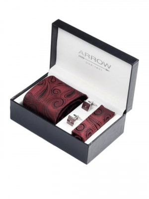 Arrow Men Formal Maroon Tie+Cufflink+Pocket square - Combo Pack